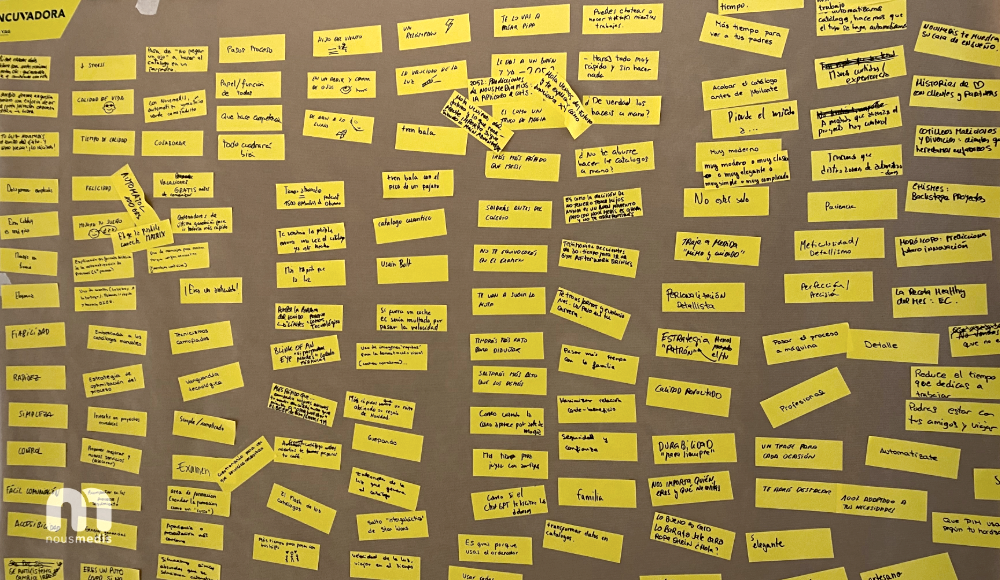 A blackboard full of post-its with Nousmedis' creative session results.