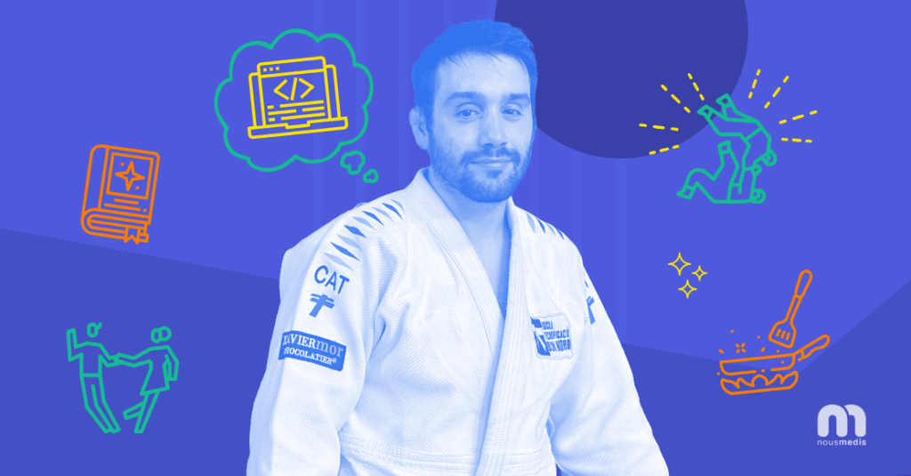 Rubén, data analyst at Nousmedis, wearing a judo uniform, surrounded by illustrations of coding, cooking, reading, dancing, and catalog automation.