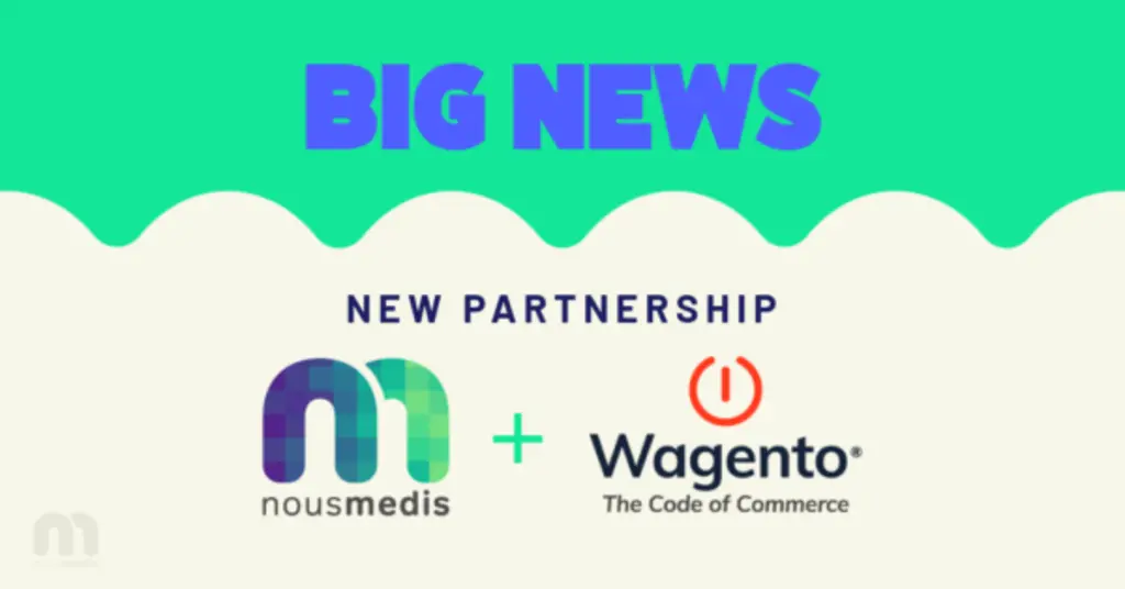 Logos of Nousmedis and Wagento announcing a new digital catalog partnership Logotipos de Nousmedis y Wagento anunciando una nueva alianza para catálogos digitales